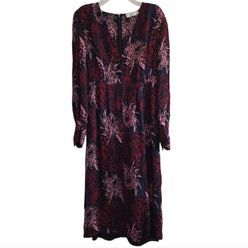 A.L.C. Bailey Print Surplice Silk Slit Midi Dress Navy Pink Anstract Floral 14 - Picture 4 of 14